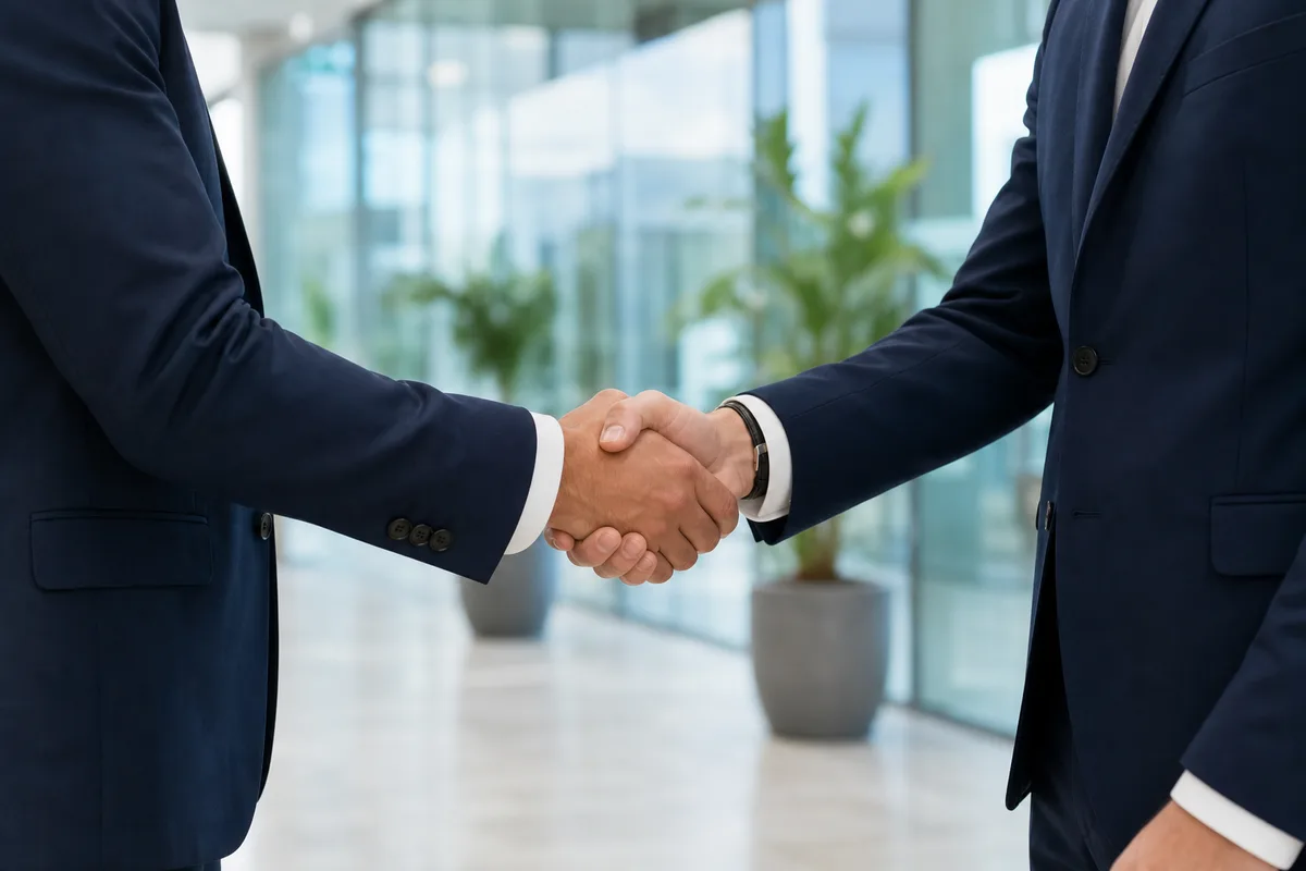 Poignée de main entre deux professionnels dans les locaux d’une entreprise