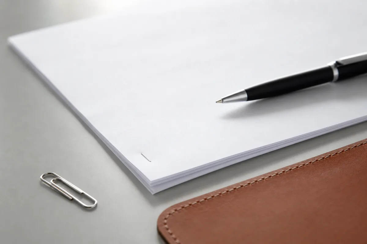 Documents contractuels et stylo posés sur le bureau d’un cabinet de conseil