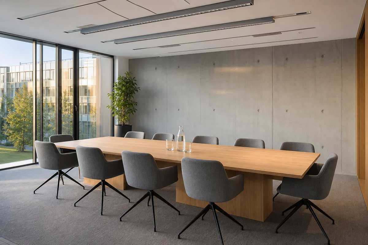 Salle de réunion vide avec grande table et lumière naturelle