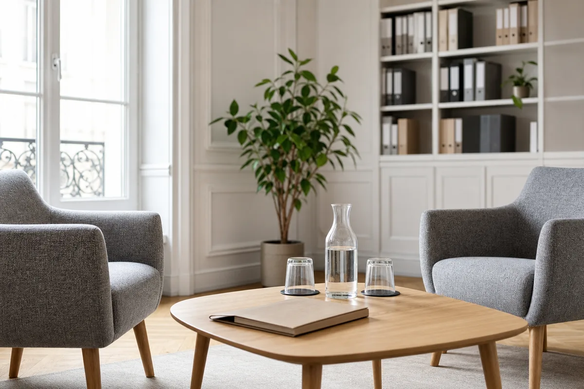 Deux fauteuils et une table basse dans un cabinet de conseil français