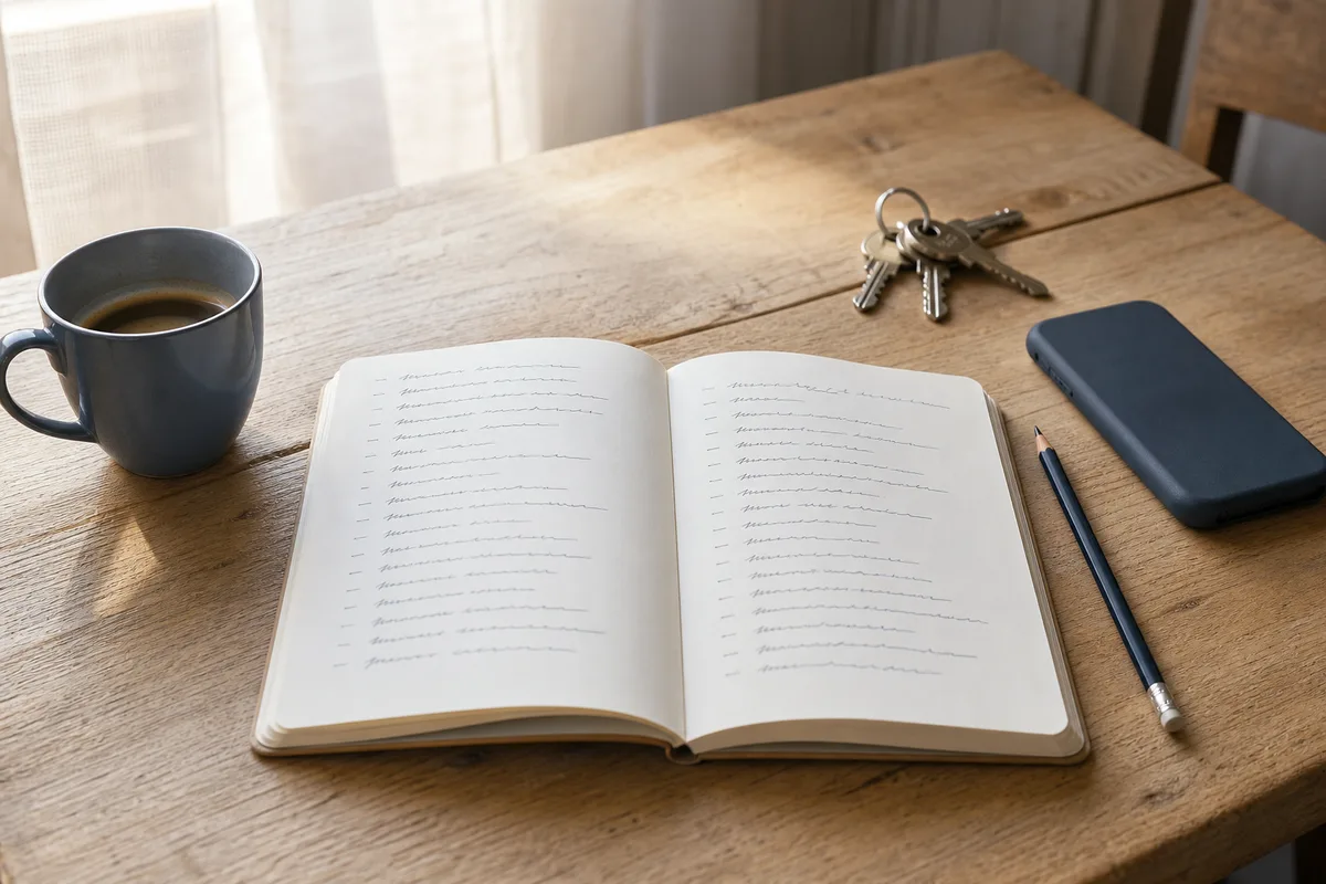 Carnet ouvert avec une liste de questions manuscrites près d&rsquo;un téléphone