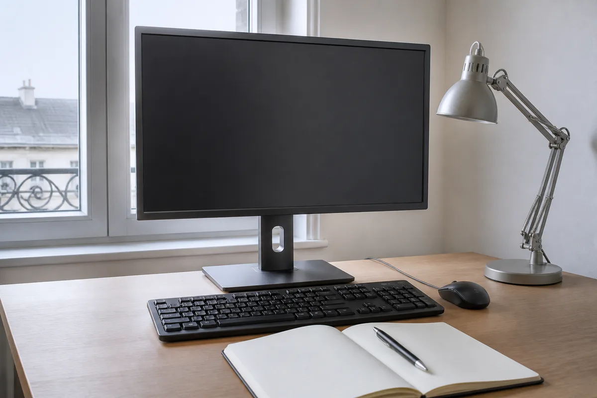 Bureau clair avec écran externe sur pied réglable, clavier séparé et carnet ouvert