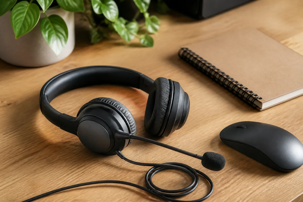 Casque filaire à micro posé près d’un carnet et d’une souris sur un bureau en bois