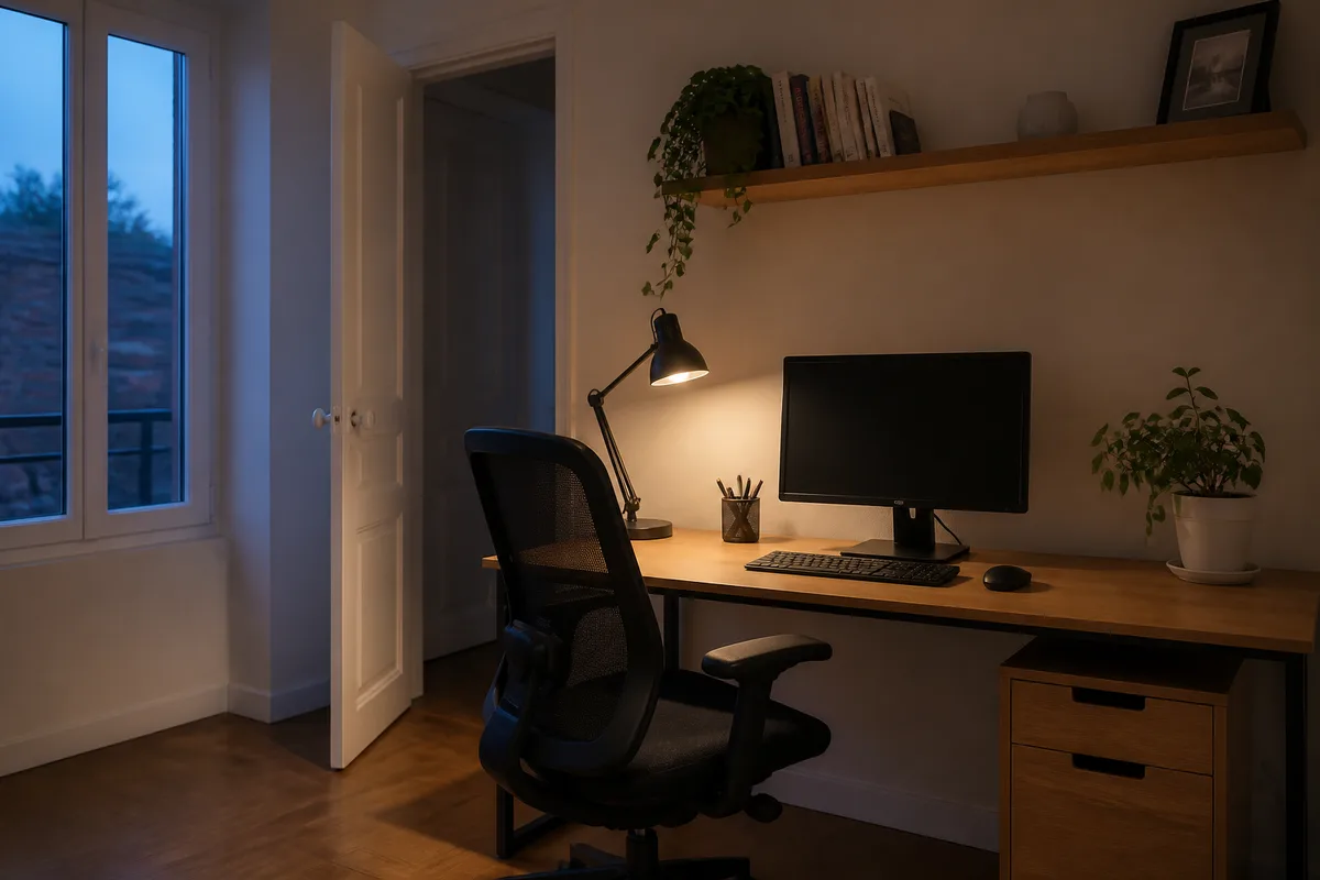 Coin bureau dans une pièce calme, lampe allumée, chaise à dossier réglable et plante verte