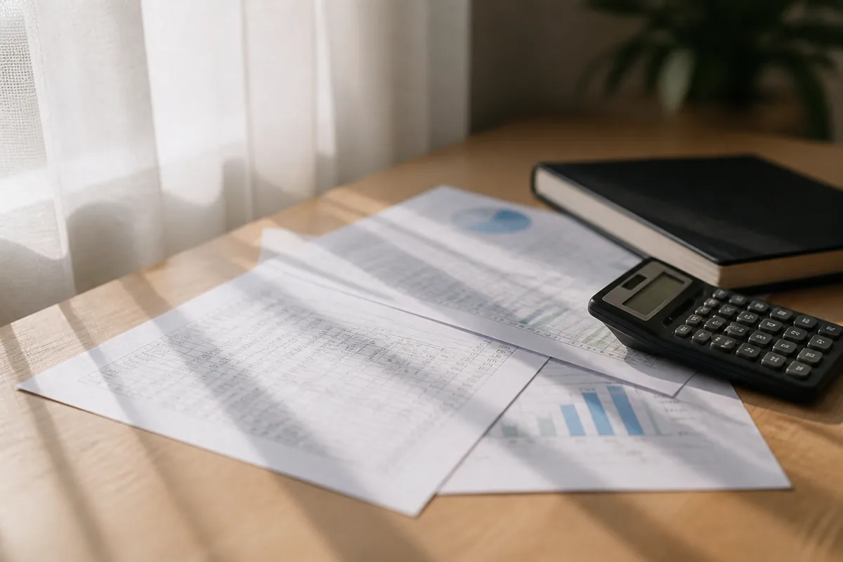 Documents financiers et calculatrice posés sur une table en bois près d&rsquo;une fenêtre