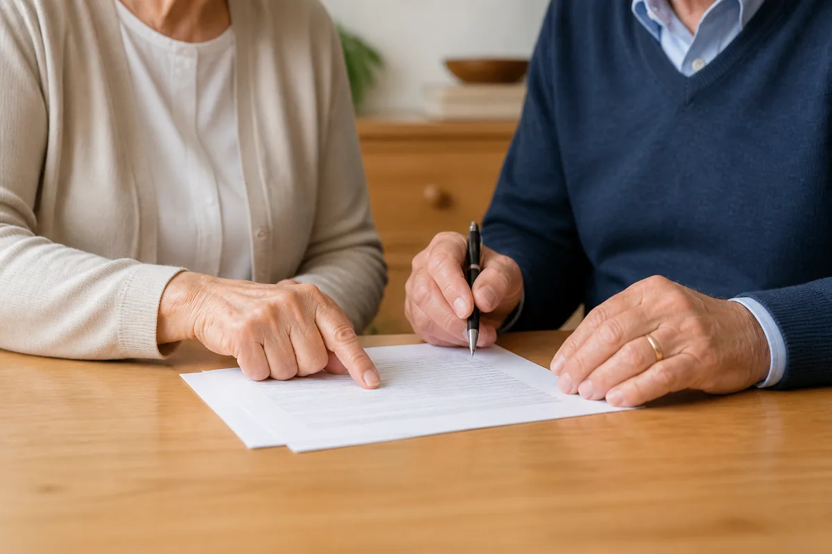 Couple de retraités consultant des documents sur une table de salle à manger lumineuse
