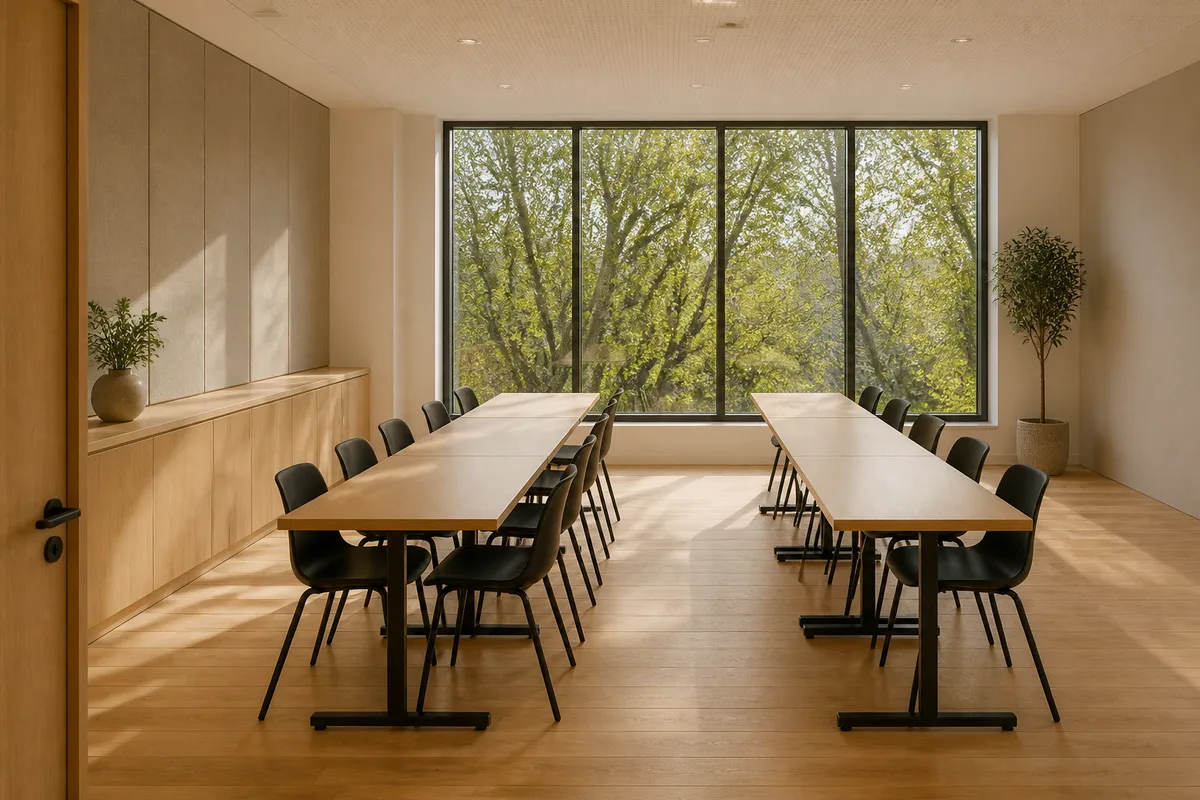 Salle de formation lumineuse avec rangées de tables claires devant une grande baie vitrée