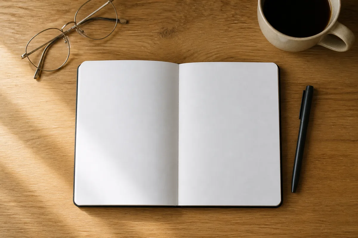 Carnet ouvert et stylo posés sur un bureau en chêne près d’une tasse de café