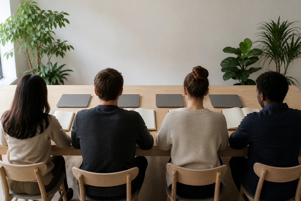 Petit groupe de professionnels vus de dos autour d’une table de travail claire