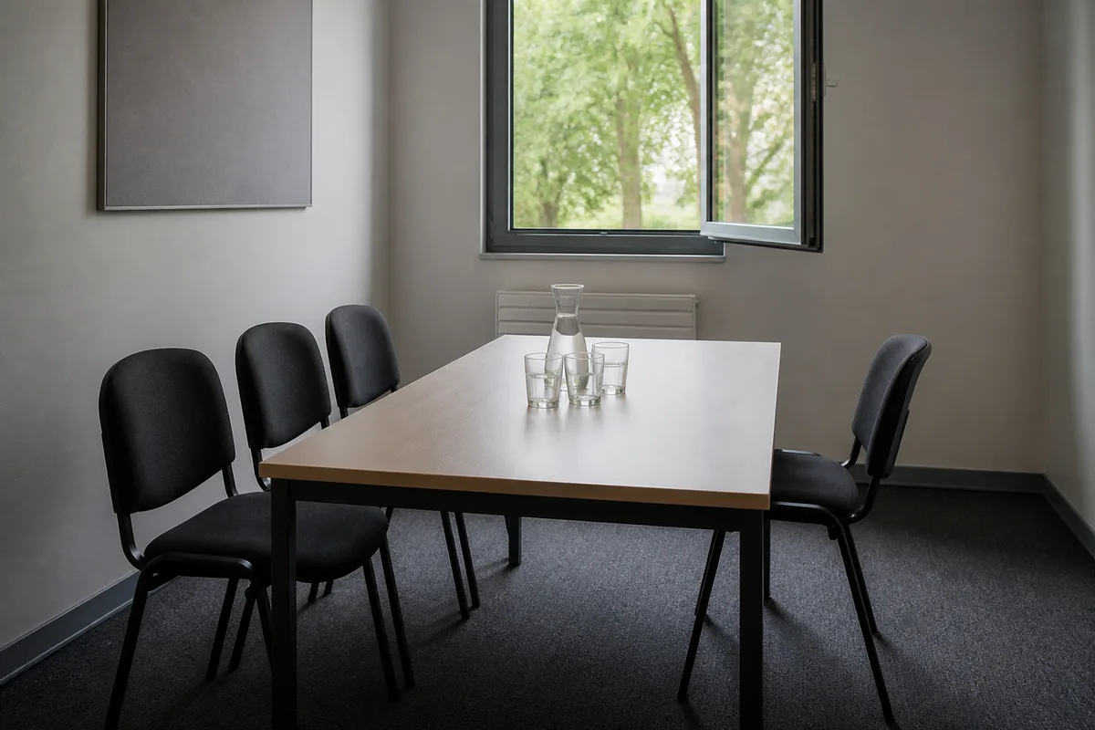 Salle d’entretien vide avec une longue table claire et des chaises alignées près d’une fenêtre