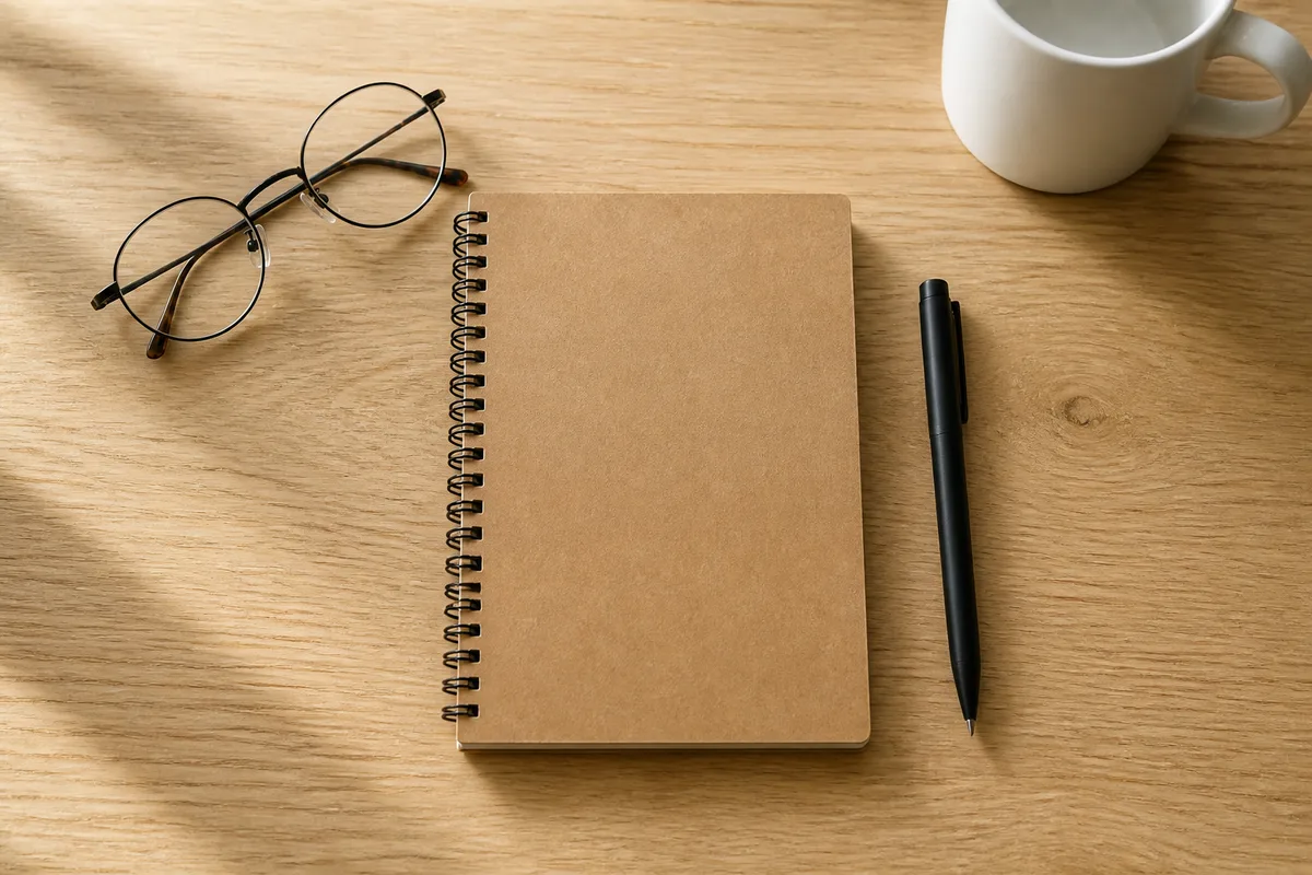 Carnet à spirale fermé et stylo posés sur une table de réunion en bois clair
