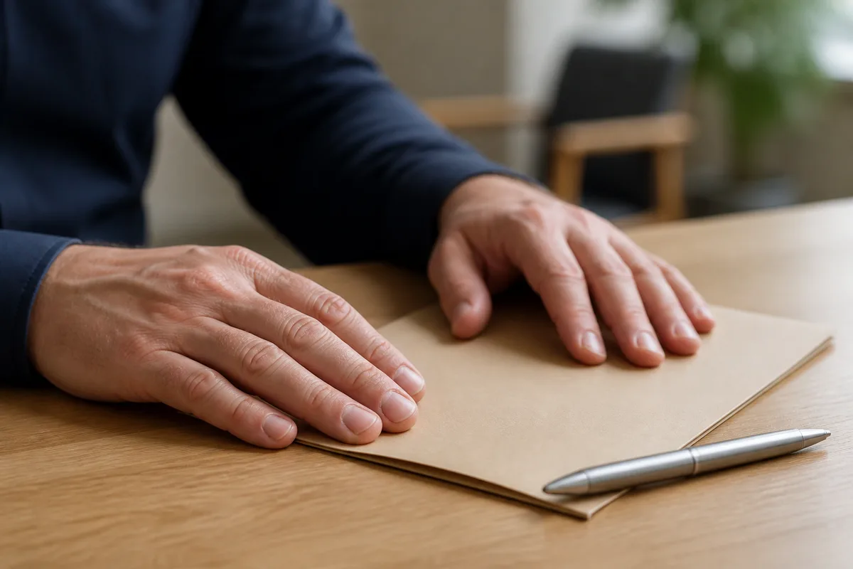 Mains d’adulte posées sur une chemise cartonnée fermée près d’un stylo sur un bureau clair