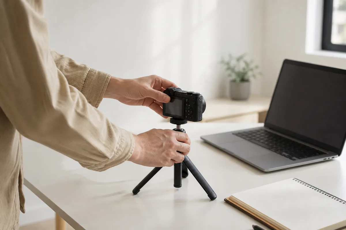 Formateur installant une caméra devant un bureau clair préparé pour un tournage pédagogique